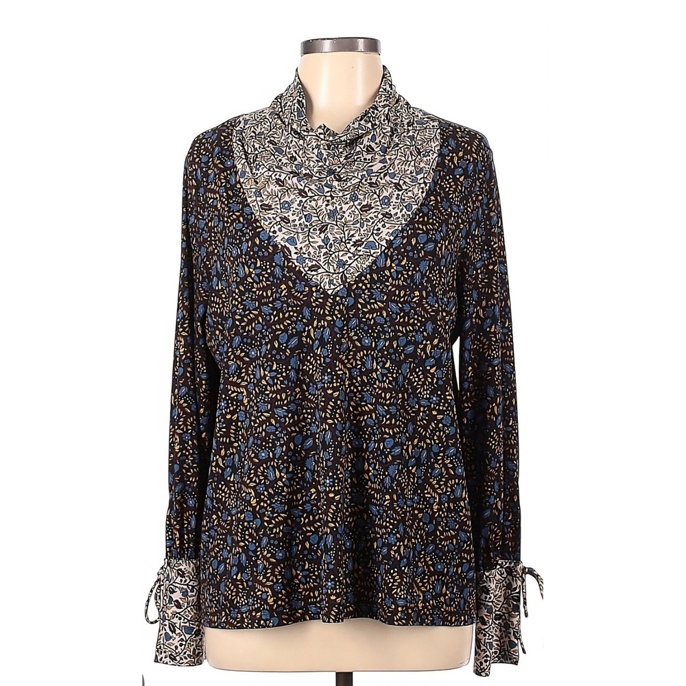 Mixed Floral Print Cowl‎ Neck Blouse Brown Blue Long Sleeve Tie Cuff Top Boho